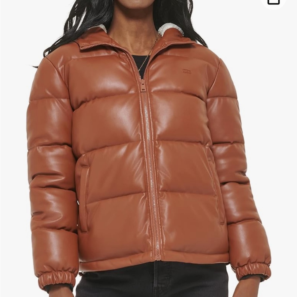 Levi’s Vegan Leather Quilted Hooded Puffer, Camel, Large